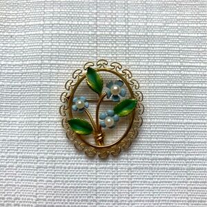 Krementz Mid-Century Forget Me Not Brooch, Gold/Blue/Green with Pearl Accents